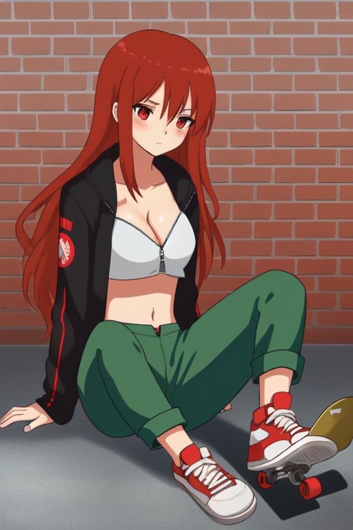 Cute redhead girl, long hair, unzipped jacket, crop top, long pants, Jordan shoes, sitting, blushing, neutral face, red eyes, brick wall with graffiti, cleavage, sunny, submissive, highest quality, skateboard