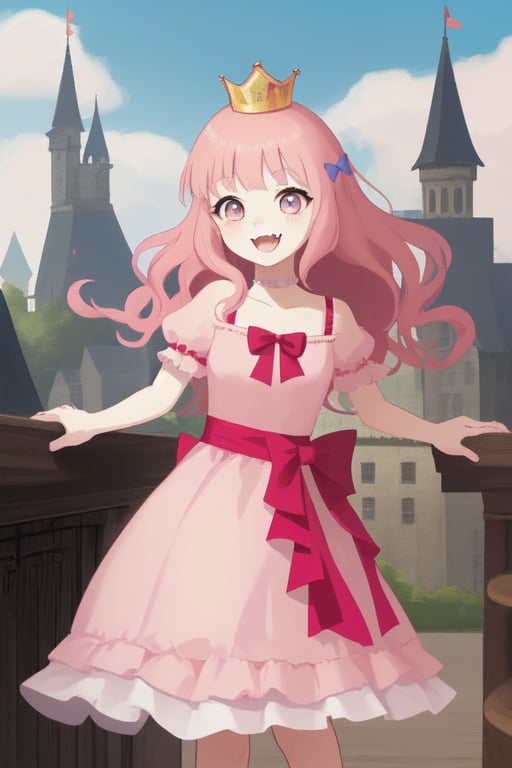 Cute, pink hair, pretty dress, hair bow, castle, fangs, different color eyes, smile, standing, princess
