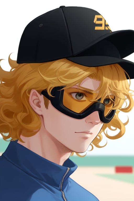 Guy, curly hair, blond hair, short, big, crazy goggles, baseball cap, close up.