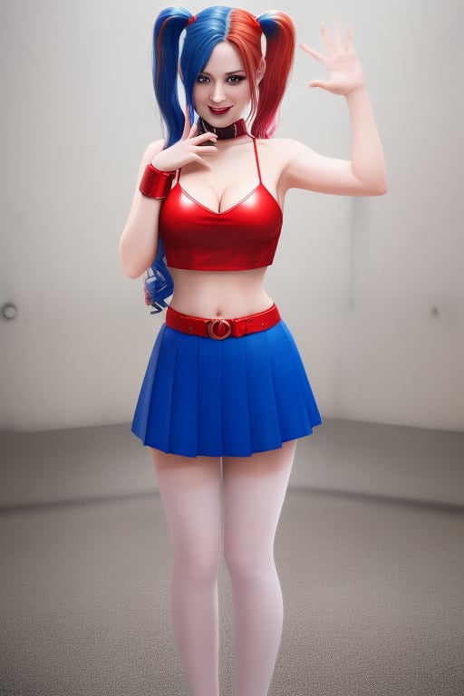 Harley Quinn, bright colorful hair, red and blue short skirt, red and blue crop top spaghetti straps, cleavage, blush, red eyes, white eyeliner, metal walls, suicide squad, sign in background, standing full body