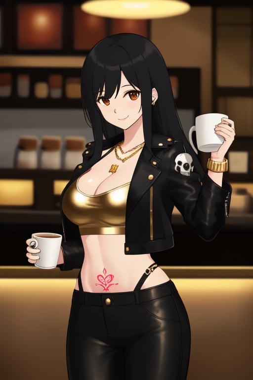 Long black haired girl standing in a coffee shop, lights dim, cleavage, smiling, leather jacket with skull on it, Japanese, tattoos, crop top, long pants, nose piercing, gold chain necklace, gold braclets, sexy pose