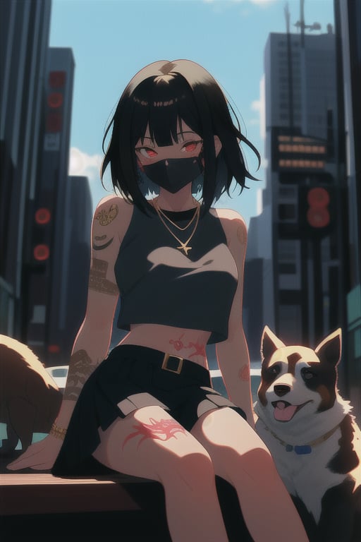 Girl, black hair, tattoos, red eyes, tattoos, crop top short skirt, city, sitting, gold necklace, gun, mask, blush, dog 