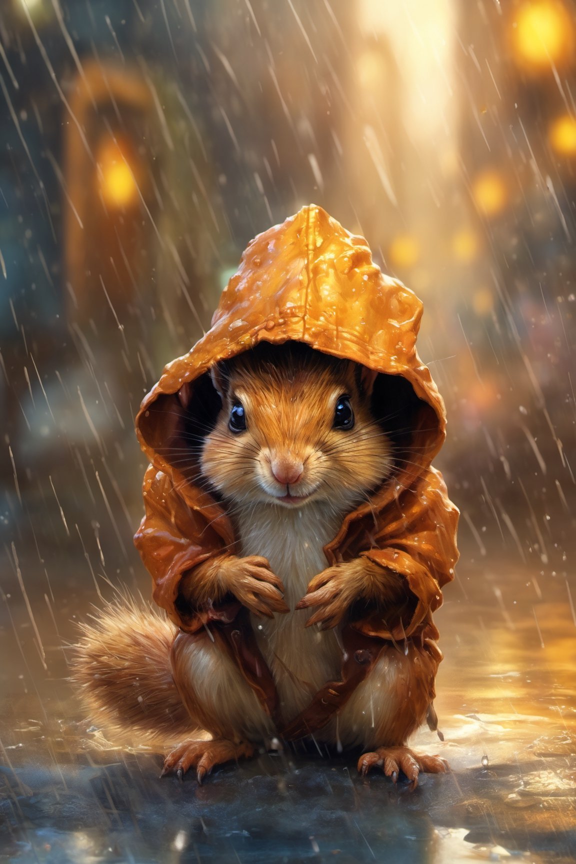 Hyper-detailed  painting, Jean-Baptiste Monge style, a gang of cute little squirels gathered in the rain  under an single hoody, splash, glittering, cute and adorable, filigree, lights, fluffy, magic, surreal, fantasy, digital art, ultra hd, hyper-realistic illustration, vivid colors,  UHD, cinematic perfect light,greg rutkowski