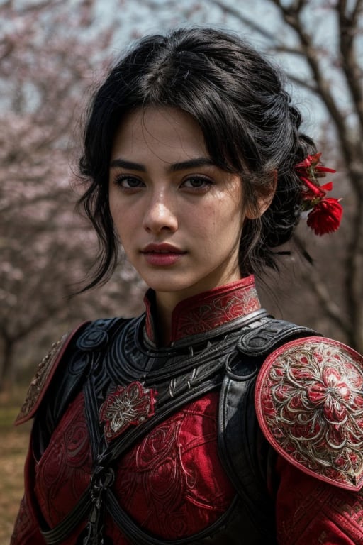 extremely realistic and detailed, a beautiful short black hair woman, dressed in red samurai armor, red scarlet eyes, with sakura flower in the background, soft lighting, finely detailed features, intricate brush strokes, beautiful lighting,  Cinematic, Color Grading, Depth of Field, intricate details, Unreal Engine, Character Concept Art, creative, expressive, stylized anatomy,Detailedface