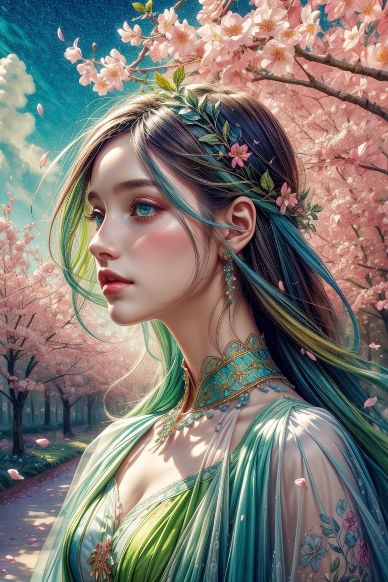 a colorful digital artwork of a woman's head decorated by tree's branches and leaves, in the style of magic in spring theme, flower blooming everywhere, multi color flower, small flower petals in the air, graceful surrealism, depictions of urban life, (bright sky-blue and green), portraitures with hidden meanings, caricature-like illustrations, metropolis meets nature ,midjourney, double exposure,1 girl,High detailed ,(spring),(colorful),(vibrant color),EpicSky,no_humans