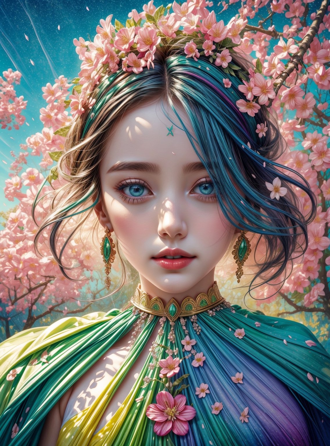 a colorful digital artwork of a woman's head decorated by tree's branches and leaves, in the style of magic in spring theme, flower blooming everywhere, multi color flower, small flower petals in the air, graceful surrealism, depictions of urban life, (bright sky-blue and green), portraitures with hidden meanings, caricature-like illustrations, metropolis meets nature ,midjourney, double exposure,1 girl,High detailed ,(spring),(colorful),(vibrant color),EpicSky,no_humans