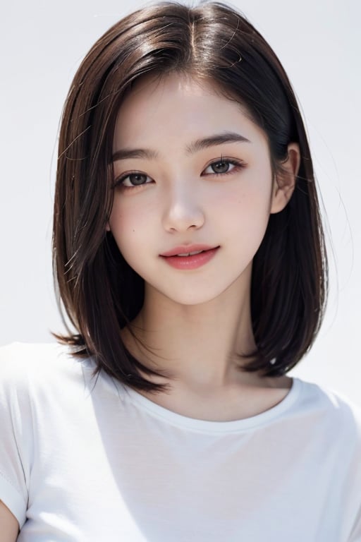 (Masterpiece:1.2, high quality, photorealistic:1.2), (cinematic lighting), 1 girl,upperbody,	best quality, only white color exist ,white color background, black hair, short straight hair, dumpling hair, laughing and chatting, pure skin ,white t-shirt, 15year old korean girl, good hands,  look at viewer