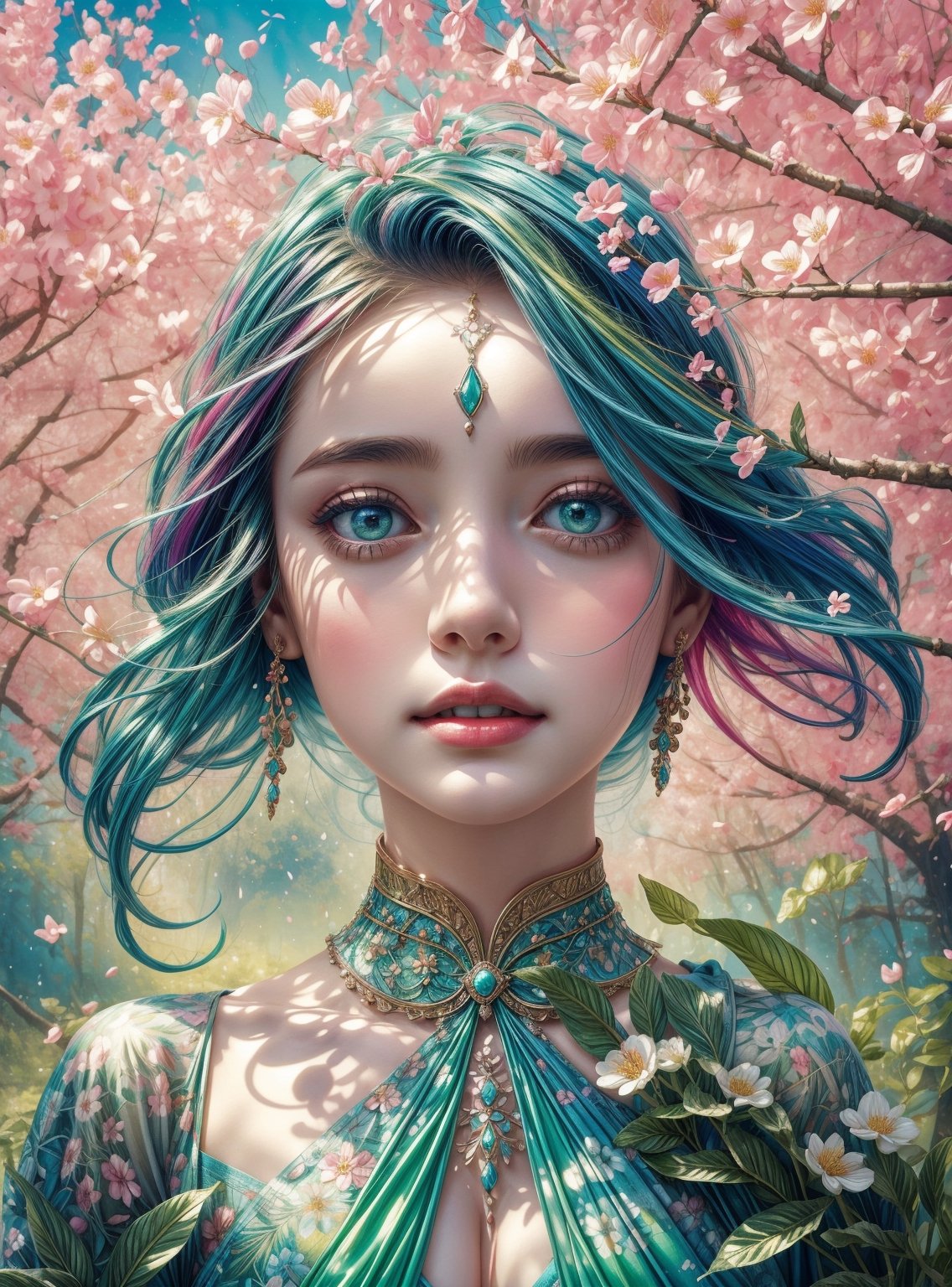 a colorful digital artwork of a woman's head decorated by tree's branches and leaves, in the style of magic in spring theme, flower blooming everywhere, multi color flower, small flower petals in the air, graceful surrealism, depictions of urban life, (bright sky-blue and green), portraitures with hidden meanings, caricature-like illustrations, metropolis meets nature ,midjourney, double exposure,1 girl,High detailed ,(spring),(colorful),(vibrant color),EpicSky,no_humans