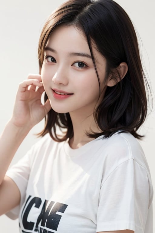 (Masterpiece:1.2, high quality, photorealistic:1.2), (cinematic lighting), 1 girl,upperbody,	best quality, only white color exist ,white color background, black hair, short straight hair, dumpling hair, laughing and chatting, pure skin ,white t-shirt, 15year old korean girl, good hands,  look at viewer