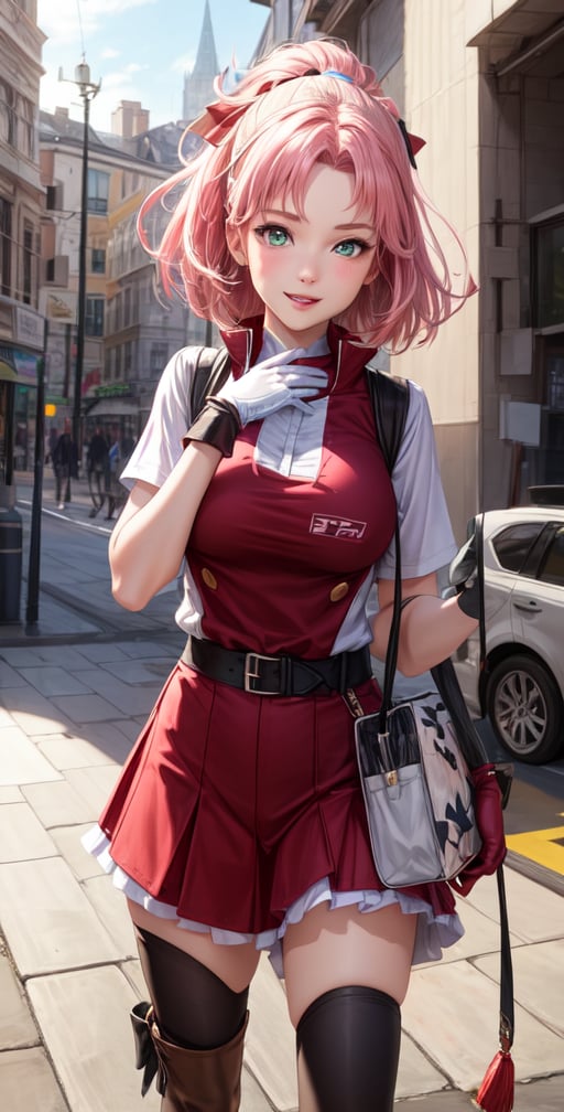 Female Character Sakura Hanuro from Realistic Naruto, Semi-Short Pink Hair, Stylized Uniform, (Masterpiece - 1.2), 1 Girl, (Highly Detailed Face), Smile, Long Brown Hair, (Highly Detailed Eyes), Bright Eyes, Green Eyes, dark skin, huge breasts, large thighs, perfect proportions, crimson red sleeveless blouse or shirt with the logo of the leaf village from the animated series Naruto, black gloves, short pink skirt half open at the sides, black stockings tight knee high, black open toe booties, wide hips, fitness woman, slender, legs apart, parted lips, blush, sky blue, footwear, (highest extreme resolution: 4k quality), ((high detailed background )),