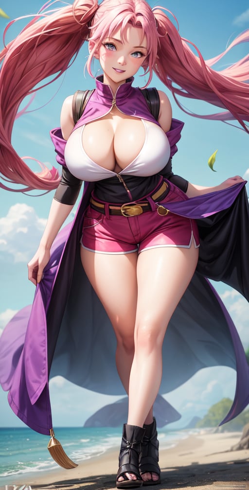 Realistic Naruto Sakura Female Character, Pink Hair, Stylized Uniform, (Masterpiece - 1.2), 1 Girl, (Highly Detailed Face), Smile, Long Brown Hair, (Highly Detailed Eyes), Glowing Eyes, Dark Skin, Huge Breasts, cut neckline, large thighs, perfect proportions, purple sleeveless vest with the logo of the leaf village from the animated series Naruto, pink skirt over shorts between open sides, tight lead shorts under the robe, belt black top dress, tight black knee high stockings, black comfortable shoes, wide hips, legs apart, parted lips, blush, sky blue, shoes, (extreme highest resolution: 4k quality), ((high detailed background) ),