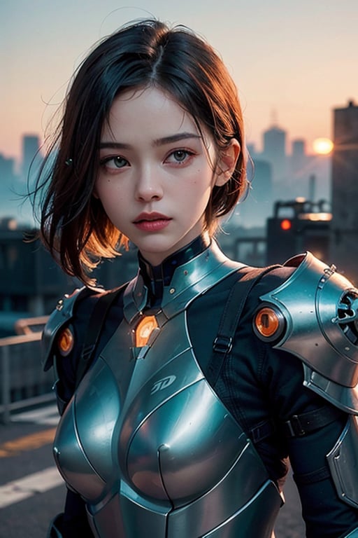 (masterpiece), (extremely intricate:1.3), (realistic), portrait of a girl, the most beautiful in the world, (futuristic armor), (Sneaky, stylish and modern armor), metal reflections, upper body, outdoors, intense sunlight, far away city, cyber punk year 2090, professional photograph of a stunning woman detailed, sharp focus, dramatic, award winning, cinematic lighting, , volumetrics dtx, (film grain, blurry background, neon light city, blurry foreground, bokeh, depth of field, sunset, motion blur:1.3), chainmail,exposure blend, medium shot, bokeh, (hdr:1.4), high contrast, (cinematic, teal and orange:1.4), (muted colors, dim colors, soothing tones:1.3), low saturation,JP_MODELS, , 
