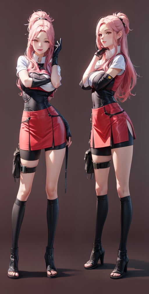 Female Character Sakura Hanuro from Realistic Naruto, Semi-Short Pink Hair, Stylized Uniform, (Masterpiece - 1.2), 1 Girl, (Highly Detailed Face), Smile, Long Brown Hair, (Highly Detailed Eyes), Bright Eyes, Green Eyes, dark skin, huge breasts, large thighs, perfect proportions, crimson red sleeveless blouse or shirt with the logo of the leaf village from the animated series Naruto, black gloves, short pink skirt half open at the sides, black stockings tight knee high, black open toe booties, wide hips, fitness woman, slender, legs apart, parted lips, blush, sky blue, footwear, (highest extreme resolution: 4k quality), ((high detailed background )),