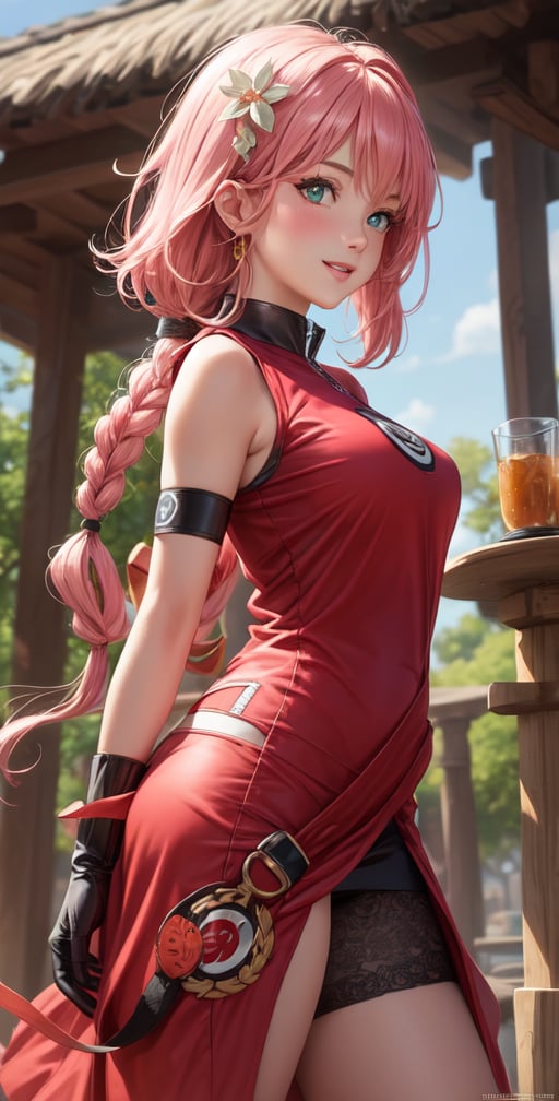 Female Character Sakura Hanuro from Realistic Naruto, Semi-Short Pink Hair, Stylized Uniform, (Masterpiece - 1.2), 1 Girl, (Highly Detailed Face), Smile, Long Brown Hair, (Highly Detailed Eyes), Bright Eyes, Green Eyes, dark skin, huge breasts, large thighs, perfect proportions, crimson red sleeveless blouse or shirt with the logo of the leaf village from the animated series Naruto, black gloves, short pink skirt half open at the sides, black stockings tight knee high, black open toe booties, wide hips, fitness woman, slender, legs apart, parted lips, blush, sky blue, footwear, (highest extreme resolution: 4k quality), ((high detailed background )),