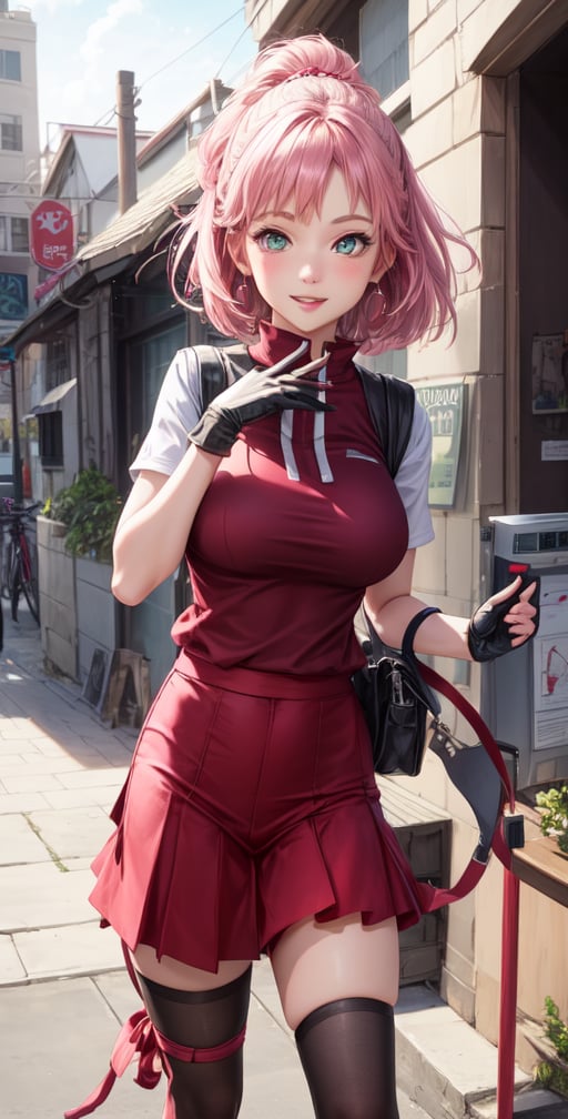 Female Character Sakura Hanuro from Realistic Naruto, Semi-Short Pink Hair, Stylized Uniform, (Masterpiece - 1.2), 1 Girl, (Highly Detailed Face), Smile, Long Brown Hair, (Highly Detailed Eyes), Bright Eyes, Green Eyes, dark skin, huge breasts, large thighs, perfect proportions, crimson red sleeveless blouse or shirt with the logo of the leaf village from the animated series Naruto, black gloves, short pink skirt half open at the sides, black stockings tight knee high, black open toe booties, wide hips, fitness woman, slender, legs apart, parted lips, blush, sky blue, footwear, (highest extreme resolution: 4k quality), ((high detailed background )),