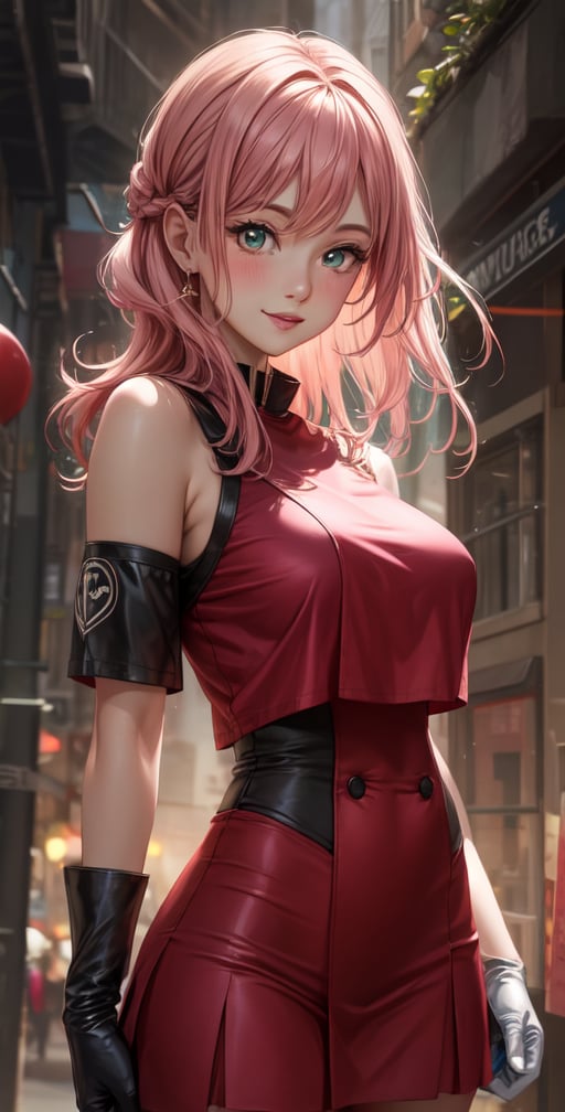 Female Character Sakura Hanuro from Realistic Naruto, Semi-Short Pink Hair, Stylized Uniform, (Masterpiece - 1.2), 1 Girl, (Highly Detailed Face), Smile, Long Brown Hair, (Highly Detailed Eyes), Bright Eyes, Green Eyes, dark skin, huge breasts, large thighs, perfect proportions, crimson red sleeveless blouse or shirt with the logo of the leaf village from the animated series Naruto, black gloves, short pink skirt half open at the sides, black stockings tight knee high, black open toe booties, wide hips, fitness woman, slender, legs apart, parted lips, blush, sky blue, footwear, (highest extreme resolution: 4k quality), ((high detailed background )),