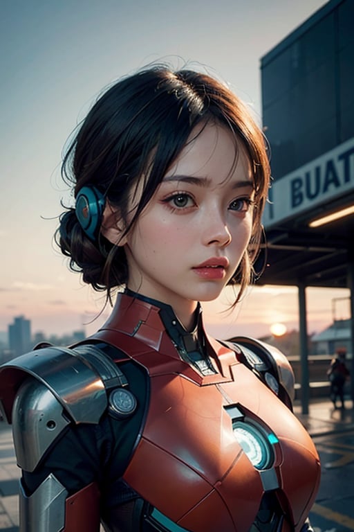 (masterpiece), (extremely intricate:1.3), (realistic), portrait of a girl, the most beautiful in the world, futuristic armor similar to IRON MAN, (Sneaky, stylish and modern armor), hyper tech armor for women, upper body, outdoors, intense sunlight, city ​​of the future, cyber punk year 2090, professional photograph of a stunning woman detailed, sharp focus, dramatic, award winning, cinematic lighting, , volumetrics dtx, (film grain, blurry background, neon light city, blurry foreground, bokeh, depth of field, sunset, motion blur:1.3), chainmail,exposure blend, medium shot, bokeh, (hdr:1.4), high contrast, (cinematic, teal and orange:1.4), (muted colors, dim colors, soothing tones:1.3), low saturation,JP_MODELS, , 
