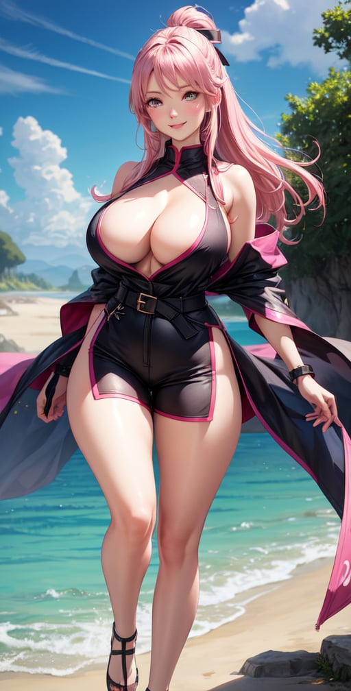 Realistic Naruto Sakura Female Character, Pink Hair, Stylized Uniform, (Masterpiece - 1.2), 1 Girl, (Highly Detailed Face), Smile, Long Brown Hair, (Highly Detailed Eyes), Glowing Eyes, Dark Skin, Huge Breasts, cut-out neckline, large thighs, perfect proportions, sleeveless purple dress slightly open at the hips, tight lead shorts, black belt over the dress, wide hips, legs apart, parted lips, blush, blue sky, shoes, (resolution highest extreme: 4k quality), ((high detailed background)),