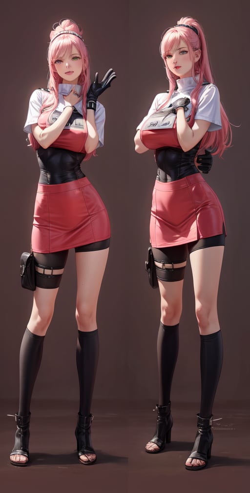 Female Character Sakura Hanuro from Realistic Naruto, Semi-Short Pink Hair, Stylized Uniform, (Masterpiece - 1.2), 1 Girl, (Highly Detailed Face), Smile, Long Brown Hair, (Highly Detailed Eyes), Bright Eyes, Green Eyes, dark skin, huge breasts, large thighs, perfect proportions, crimson red sleeveless blouse or shirt with the logo of the leaf village from the animated series Naruto, black gloves, short pink skirt half open at the sides, black stockings tight knee high, black open toe booties, wide hips, fitness woman, slender, legs apart, parted lips, blush, sky blue, footwear, (highest extreme resolution: 4k quality), ((high detailed background )),