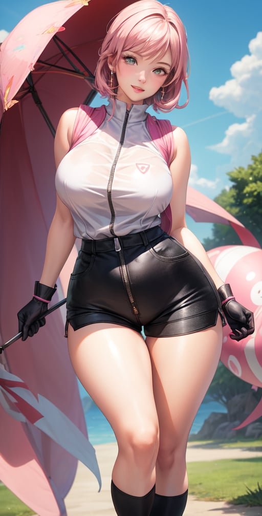 Sakura female character from realistic Naruto, semi-short pink hair, stylized uniform, (masterpiece - 1.2), 1 girl, (highly detailed face), smile, long brown hair, (highly detailed eyes), glowing eyes, dark skin, breasts huge, large thighs, perfect proportions, sleeveless brown blouse or zip-up shirt with the logo of the leaf village from the animated series Naruto, black gloves, short pink skirt over lead shorts between open sides, shorts tight lead under pink skirt, tight black knee high stockings, black sensible shoes, wide hips, legs apart, parted lips, blush, sky blue, footwear, (extreme highest resolution: 4k quality), ((background high detailed)),