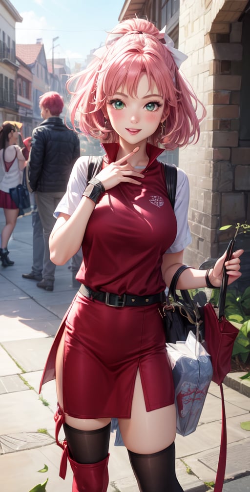 Female Character Sakura Hanuro from Realistic Naruto, Semi-Short Pink Hair, Stylized Uniform, (Masterpiece - 1.2), 1 Girl, (Highly Detailed Face), Smile, Long Brown Hair, (Highly Detailed Eyes), Bright Eyes, Green Eyes, dark skin, huge breasts, large thighs, perfect proportions, crimson red sleeveless blouse or shirt with the logo of the leaf village from the animated series Naruto, black gloves, short pink skirt half open at the sides, black stockings tight knee high, black open toe booties, wide hips, fitness woman, slender, legs apart, parted lips, blush, sky blue, footwear, (highest extreme resolution: 4k quality), ((high detailed background )),