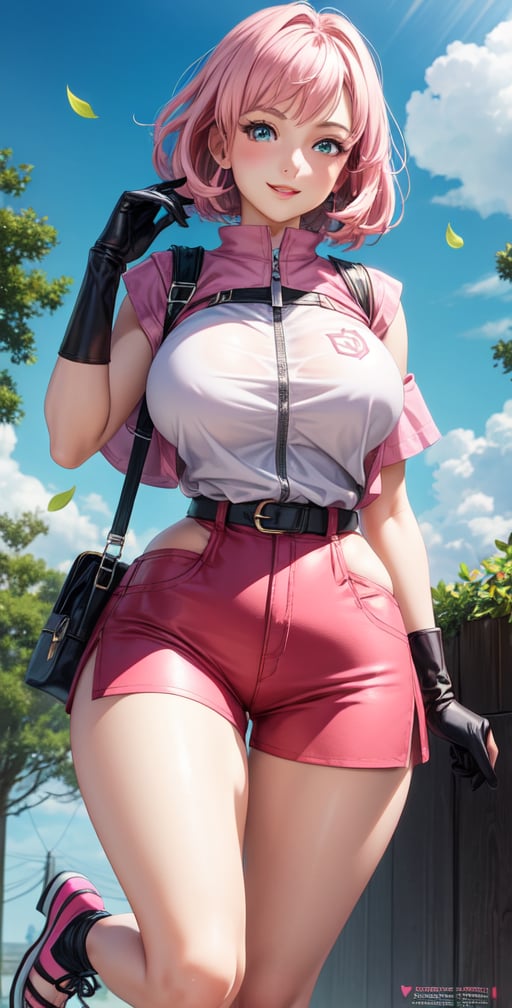 Sakura female character from realistic Naruto, semi-short pink hair, stylized uniform, (masterpiece - 1.2), 1 girl, (highly detailed face), smile, long brown hair, (highly detailed eyes), glowing eyes, dark skin, breasts huge, large thighs, perfect proportions, sleeveless brown blouse or zip-up shirt with the logo of the leaf village from the animated series Naruto, black gloves, short pink skirt over lead shorts between open sides, shorts tight lead under pink skirt, tight black knee high stockings, black sensible shoes, wide hips, legs apart, parted lips, blush, sky blue, footwear, (extreme highest resolution: 4k quality), ((background high detailed)),