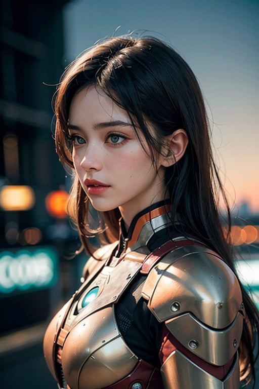 (masterpiece), (extremely intricate:1.3), (realistic), portrait of a young latin woman , the most beautiful in the world, futuristic armor similar to IRON MAN, (Sneaky, stylish and modern armor), hyper tech armor for women, upper body, outdoors, intense sunlight, city ​​of the future, cyber punk year 2090, professional photograph of a stunning woman detailed, sharp focus, dramatic, award winning, cinematic lighting, , volumetrics dtx, (film grain, blurry background, neon light city, blurry foreground, bokeh, depth of field, sunset, motion blur:1.3), chainmail,exposure blend, medium shot, bokeh, (hdr:1.4), high contrast, (cinematic, teal and orange:1.4), (muted colors, dim colors, soothing tones:1.3), low saturation,JP_MODELS, , 
