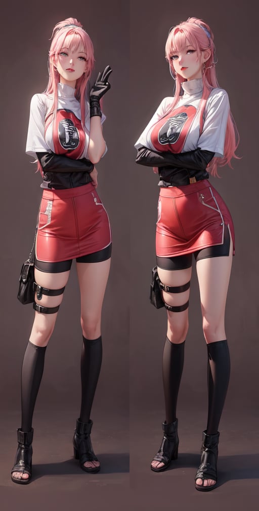 Female Character Sakura Hanuro from Realistic Naruto, Semi-Short Pink Hair, Stylized Uniform, (Masterpiece - 1.2), 1 Girl, (Highly Detailed Face), Smile, Long Brown Hair, (Highly Detailed Eyes), Bright Eyes, Green Eyes, dark skin, huge breasts, large thighs, perfect proportions, crimson red sleeveless blouse or shirt with the logo of the leaf village from the animated series Naruto, black gloves, short pink skirt half open at the sides, black stockings tight knee high, black open toe booties, wide hips, fitness woman, slender, legs apart, parted lips, blush, sky blue, footwear, (highest extreme resolution: 4k quality), ((high detailed background )),