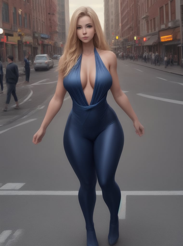 Russian woman, American woman, Ukrainian woman, Canadian woman, dressed in tight clothing, leggings, neckline blouse, big butt, blonde, slender, blue eyes, large breasts, wide hips, small waist, muscular build, fitness, long hair, in the city, large breasts, wide hips, muscular build, fitness, long hair, without stretch marks, without wrinkles, made up, wide hips, with muscular volume, female harmonic musculature, big bust, huge bust, athletic, women's casual clothing, youth clothing, elegant, professional lighting, blurred background, in the city, masterpiece, photorealistic