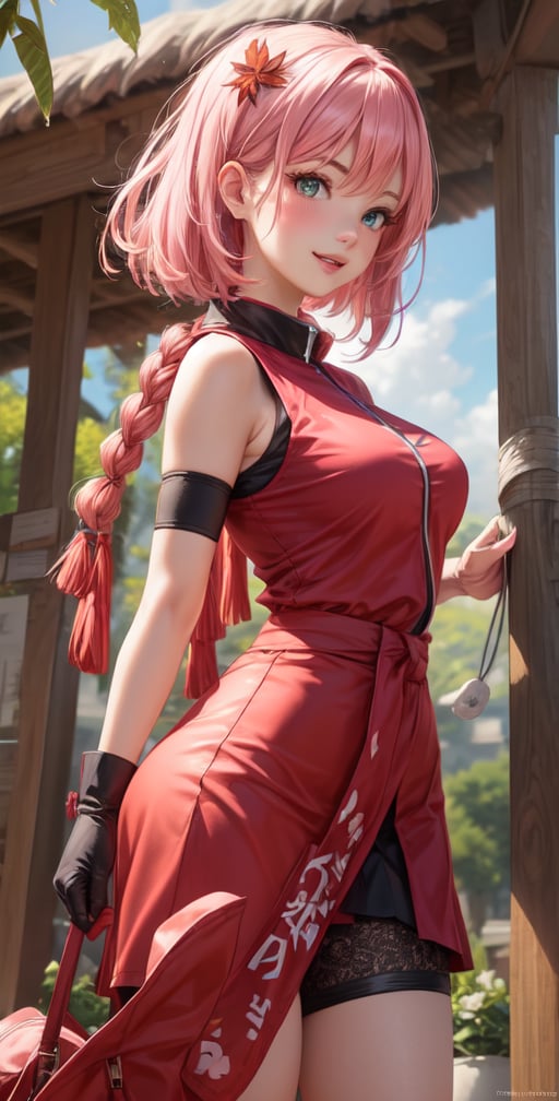 Female Character Sakura Hanuro from Realistic Naruto, Semi-Short Pink Hair, Stylized Uniform, (Masterpiece - 1.2), 1 Girl, (Highly Detailed Face), Smile, Long Brown Hair, (Highly Detailed Eyes), Bright Eyes, Green Eyes, dark skin, huge breasts, large thighs, perfect proportions, crimson red sleeveless blouse or shirt with the logo of the leaf village from the animated series Naruto, black gloves, short pink skirt half open at the sides, black stockings tight knee high, black open toe booties, wide hips, fitness woman, slender, legs apart, parted lips, blush, sky blue, footwear, (highest extreme resolution: 4k quality), ((high detailed background )),