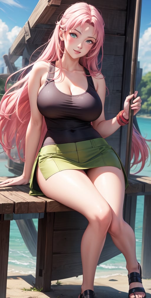 Realistic Naruto Sakura Female Character, Pink Hair, Stylized Uniform, (Masterpiece - 1.2), 1 Girl, (Highly Detailed Face), Smile, Long Brown Hair, (Highly Detailed Eyes), Glowing Eyes, Dark Skin, Huge Breasts, cropped neckline, large thighs, perfect proportions, tank top, tight miniskirt, female clothing similar to that of the leaf village of the Naruto series, legs apart, parted lips, blush, sky blue, shoes, (extreme highest resolution - 4k quality), ((high detailed background)),