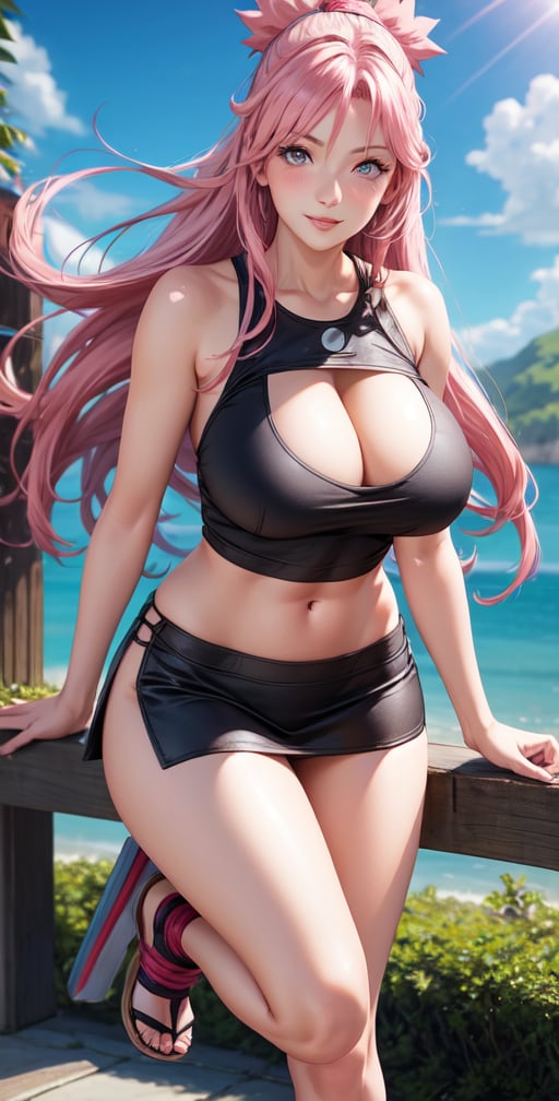 Realistic Naruto Sakura Female Character, Pink Hair, Stylized Uniform, (Masterpiece - 1.2), 1 Girl, (Highly Detailed Face), Smile, Long Brown Hair, (Highly Detailed Eyes), Glowing Eyes, Dark Skin, Huge Breasts, cropped neckline, large thighs, perfect proportions, tank top, tight miniskirt, female clothing similar to that of the leaf village of the Naruto series, legs apart, parted lips, blush, sky blue, shoes, (extreme highest resolution - 4k quality), ((high detailed background)),