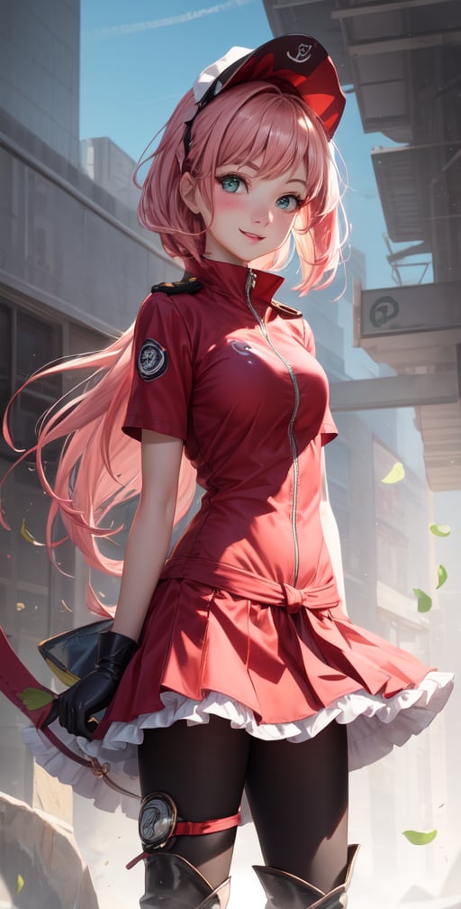 Female Character Sakura Hanuro from Realistic Naruto, Semi-Short Pink Hair, Stylized Uniform, (Masterpiece - 1.2), 1 Girl, (Highly Detailed Face), Smile, Long Brown Hair, (Highly Detailed Eyes), Bright Eyes, Green Eyes, dark skin, huge breasts, large thighs, perfect proportions, crimson red sleeveless blouse or shirt with the logo of the leaf village from the animated series Naruto, black gloves, short pink skirt half open at the sides, black stockings tight knee high, black open toe booties, wide hips, fitness woman, slender, legs apart, parted lips, blush, sky blue, footwear, (highest extreme resolution: 4k quality), ((high detailed background )),