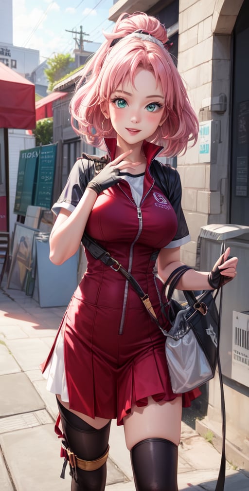 Female Character Sakura Hanuro from Realistic Naruto, Semi-Short Pink Hair, Stylized Uniform, (Masterpiece - 1.2), 1 Girl, (Highly Detailed Face), Smile, Long Brown Hair, (Highly Detailed Eyes), Bright Eyes, Green Eyes, dark skin, huge breasts, large thighs, perfect proportions, crimson red sleeveless blouse or shirt with the logo of the leaf village from the animated series Naruto, black gloves, short pink skirt half open at the sides, black stockings tight knee high, black open toe booties, wide hips, fitness woman, slender, legs apart, parted lips, blush, sky blue, footwear, (highest extreme resolution: 4k quality), ((high detailed background )),