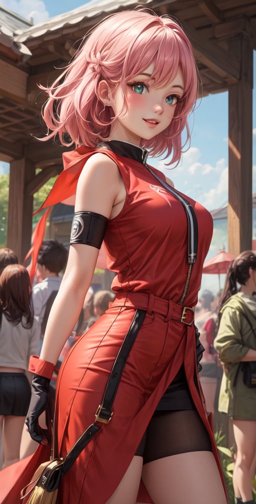 Female Character Sakura Hanuro from Realistic Naruto, Semi-Short Pink Hair, Stylized Uniform, (Masterpiece - 1.2), 1 Girl, (Highly Detailed Face), Smile, Long Brown Hair, (Highly Detailed Eyes), Bright Eyes, Green Eyes, dark skin, huge breasts, large thighs, perfect proportions, crimson red sleeveless blouse or shirt with the logo of the leaf village from the animated series Naruto, black gloves, short pink skirt half open at the sides, black stockings tight knee high, black open toe booties, wide hips, fitness woman, slender, legs apart, parted lips, blush, sky blue, footwear, (highest extreme resolution: 4k quality), ((high detailed background )),