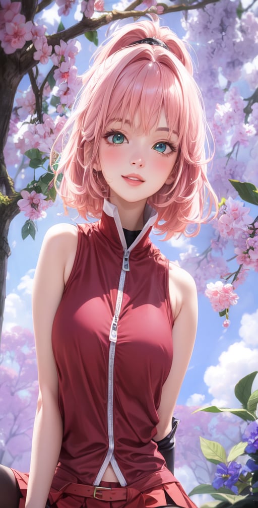 Female Character Sakura Hanuro from Realistic Naruto, Semi-Short Pink Hair, Stylized Uniform, (Masterpiece - 1.2), 1 Girl, (Highly Detailed Face), Smile, Long Brown Hair, (Highly Detailed Eyes), Bright Eyes, Green Eyes, dark skin, huge breasts, large thighs, perfect proportions, crimson red sleeveless blouse or shirt with the logo of the leaf village from the animated series Naruto, black gloves, short pink skirt half open at the sides, black stockings tight knee high, black open toe booties, wide hips, fitness woman, slender, legs apart, parted lips, blush, sky blue, footwear, (highest extreme resolution: 4k quality), ((high detailed background )),