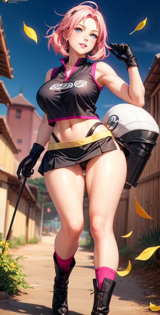 Female Character Sakura Hanuro from Realistic Naruto, Semi Short Pink Hair, Stylized Uniform, (Masterpiece - 1.2), 1 Girl, (Highly Detailed Face), Smile, Long Brown Hair, (Highly Detailed Eyes), Bright Eyes, Dark Skin, Huge breasts, large thighs, perfect proportions, brown sleeveless blouse or T-shirt with the logo of the leaf village from the animated series Naruto, black gloves, short pink skirt half open on the sides, tight black knee-high stockings , black comfortable shoes type open toe ankle boots, wide hips, fitness woman, slender, legs apart, parted lips, blush, sky blue, footwear, (highest extreme resolution: 4k quality), ((high detailed background) ),