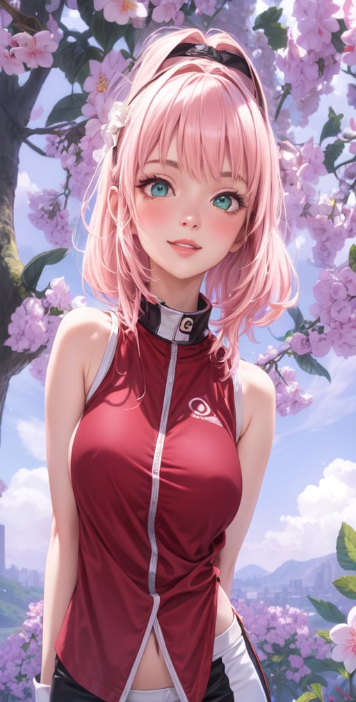 Female Character Sakura Hanuro from Realistic Naruto, Semi-Short Pink Hair, Stylized Uniform, (Masterpiece - 1.2), 1 Girl, (Highly Detailed Face), Smile, Long Brown Hair, (Highly Detailed Eyes), Bright Eyes, Green Eyes, dark skin, huge breasts, large thighs, perfect proportions, crimson red sleeveless blouse or shirt with the logo of the leaf village from the animated series Naruto, black gloves, short pink skirt half open at the sides, black stockings tight knee high, black open toe booties, wide hips, fitness woman, slender, legs apart, parted lips, blush, sky blue, footwear, (highest extreme resolution: 4k quality), ((high detailed background )),