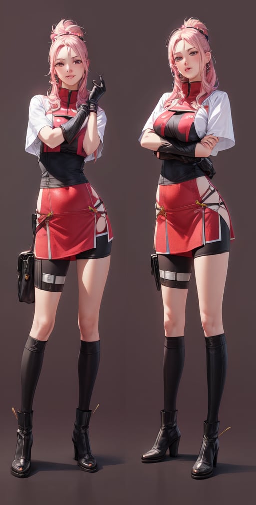 Female Character Sakura Hanuro from Realistic Naruto, Semi-Short Pink Hair, Stylized Uniform, (Masterpiece - 1.2), 1 Girl, (Highly Detailed Face), Smile, Long Brown Hair, (Highly Detailed Eyes), Bright Eyes, Green Eyes, dark skin, huge breasts, large thighs, perfect proportions, crimson red sleeveless blouse or shirt with the logo of the leaf village from the animated series Naruto, black gloves, short pink skirt half open at the sides, black stockings tight knee high, black open toe booties, wide hips, fitness woman, slender, legs apart, parted lips, blush, sky blue, footwear, (highest extreme resolution: 4k quality), ((high detailed background )),