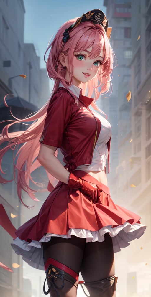 Female Character Sakura Hanuro from Realistic Naruto, Semi-Short Pink Hair, Stylized Uniform, (Masterpiece - 1.2), 1 Girl, (Highly Detailed Face), Smile, Long Brown Hair, (Highly Detailed Eyes), Bright Eyes, Green Eyes, dark skin, huge breasts, large thighs, perfect proportions, crimson red sleeveless blouse or shirt with the logo of the leaf village from the animated series Naruto, black gloves, short pink skirt half open at the sides, black stockings tight knee high, black open toe booties, wide hips, fitness woman, slender, legs apart, parted lips, blush, sky blue, footwear, (highest extreme resolution: 4k quality), ((high detailed background )),