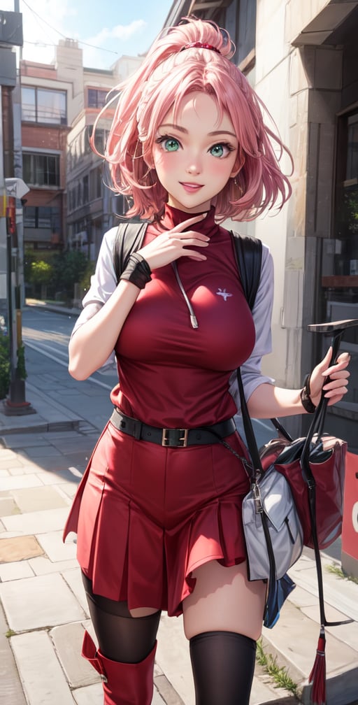 Female Character Sakura Hanuro from Realistic Naruto, Semi-Short Pink Hair, Stylized Uniform, (Masterpiece - 1.2), 1 Girl, (Highly Detailed Face), Smile, Long Brown Hair, (Highly Detailed Eyes), Bright Eyes, Green Eyes, dark skin, huge breasts, large thighs, perfect proportions, crimson red sleeveless blouse or shirt with the logo of the leaf village from the animated series Naruto, black gloves, short pink skirt half open at the sides, black stockings tight knee high, black open toe booties, wide hips, fitness woman, slender, legs apart, parted lips, blush, sky blue, footwear, (highest extreme resolution: 4k quality), ((high detailed background )),