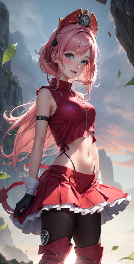 Female Character Sakura Hanuro from Realistic Naruto, Semi-Short Pink Hair, Stylized Uniform, (Masterpiece - 1.2), 1 Girl, (Highly Detailed Face), Smile, Long Brown Hair, (Highly Detailed Eyes), Bright Eyes, Green Eyes, dark skin, huge breasts, large thighs, perfect proportions, crimson red sleeveless blouse or shirt with the logo of the leaf village from the animated series Naruto, black gloves, short pink skirt half open at the sides, black stockings tight knee high, black open toe booties, wide hips, fitness woman, slender, legs apart, parted lips, blush, sky blue, footwear, (highest extreme resolution: 4k quality), ((high detailed background )),