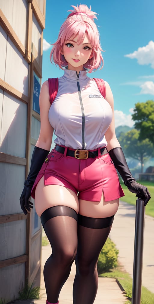 Sakura female character from realistic Naruto, semi-short pink hair, stylized uniform, (masterpiece - 1.2), 1 girl, (highly detailed face), smile, long brown hair, (highly detailed eyes), glowing eyes, dark skin, breasts huge, large thighs, perfect proportions, sleeveless brown blouse or zip-up shirt with the logo of the leaf village from the animated series Naruto, black gloves, short pink skirt over lead shorts between open sides, shorts tight lead under pink skirt, tight black knee high stockings, black sensible shoes, wide hips, legs apart, parted lips, blush, sky blue, footwear, (extreme highest resolution: 4k quality), ((background high detailed)),