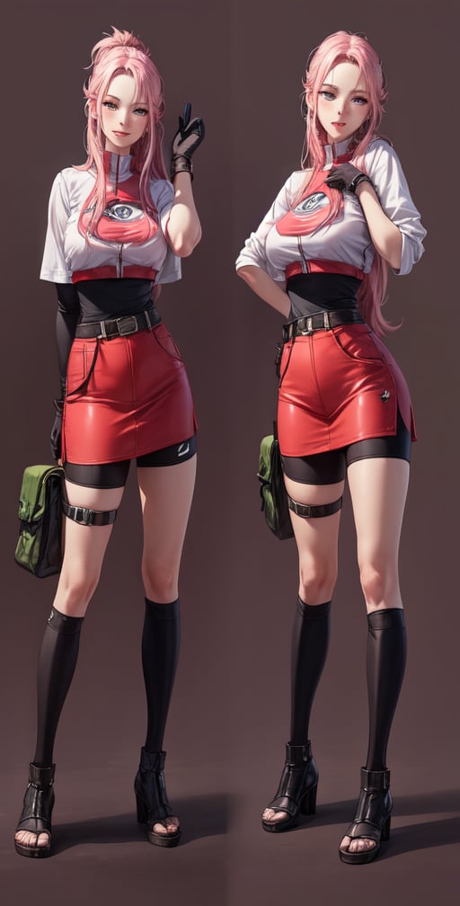 Female Character Sakura Hanuro from Realistic Naruto, Semi-Short Pink Hair, Stylized Uniform, (Masterpiece - 1.2), 1 Girl, (Highly Detailed Face), Smile, Long Brown Hair, (Highly Detailed Eyes), Bright Eyes, Green Eyes, dark skin, huge breasts, large thighs, perfect proportions, crimson red sleeveless blouse or shirt with the logo of the leaf village from the animated series Naruto, black gloves, short pink skirt half open at the sides, black stockings tight knee high, black open toe booties, wide hips, fitness woman, slender, legs apart, parted lips, blush, sky blue, footwear, (highest extreme resolution: 4k quality), ((high detailed background )),