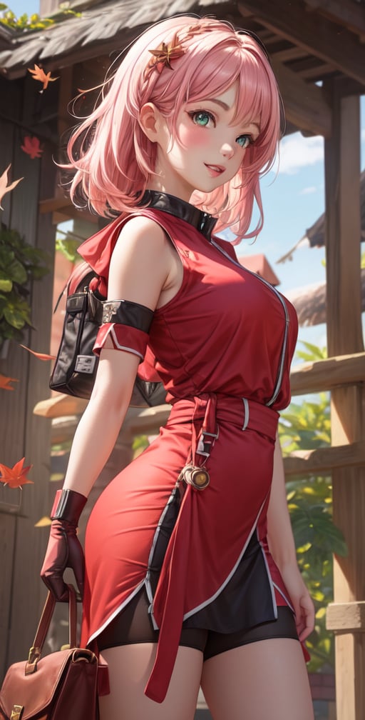 Female Character Sakura Hanuro from Realistic Naruto, Semi-Short Pink Hair, Stylized Uniform, (Masterpiece - 1.2), 1 Girl, (Highly Detailed Face), Smile, Long Brown Hair, (Highly Detailed Eyes), Bright Eyes, Green Eyes, dark skin, huge breasts, large thighs, perfect proportions, crimson red sleeveless blouse or shirt with the logo of the leaf village from the animated series Naruto, black gloves, short pink skirt half open at the sides, black stockings tight knee high, black open toe booties, wide hips, fitness woman, slender, legs apart, parted lips, blush, sky blue, footwear, (highest extreme resolution: 4k quality), ((high detailed background )),