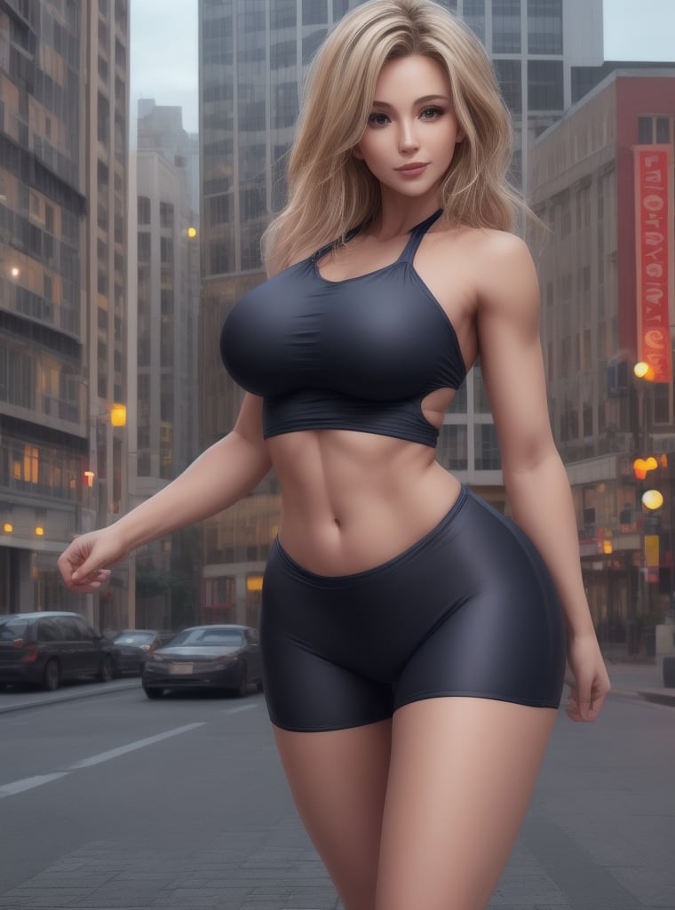 Russian woman, American woman, Ukrainian woman, Canadian woman, dressed in tight clothing, leggings, neckline blouse, big butt, blonde, slender, blue eyes, large breasts, wide hips, small waist, muscular build, fitness, long hair, in the city, large breasts, wide hips, muscular build, fitness, long hair, without stretch marks, without wrinkles, made up, wide hips, with muscular volume, female harmonic musculature, big bust, huge bust, athletic, women's casual clothing, youth clothing, elegant, happy and flirty face, professional lighting, blurred background, in the city, masterpiece, photorealistic