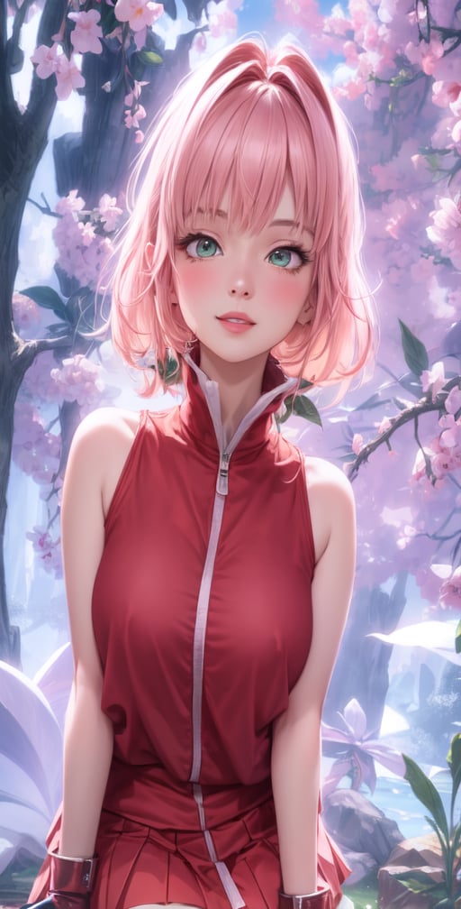 Female Character Sakura Hanuro from Realistic Naruto, Semi-Short Pink Hair, Stylized Uniform, (Masterpiece - 1.2), 1 Girl, (Highly Detailed Face), Smile, Long Brown Hair, (Highly Detailed Eyes), Bright Eyes, Green Eyes, dark skin, huge breasts, large thighs, perfect proportions, crimson red sleeveless blouse or shirt with the logo of the leaf village from the animated series Naruto, black gloves, short pink skirt half open at the sides, black stockings tight knee high, black open toe booties, wide hips, fitness woman, slender, legs apart, parted lips, blush, no cleavage, no visible undergarments, no bare breasts, sky blue, footwear, (highest extreme resolution: 4k quality), ((high detailed background )),