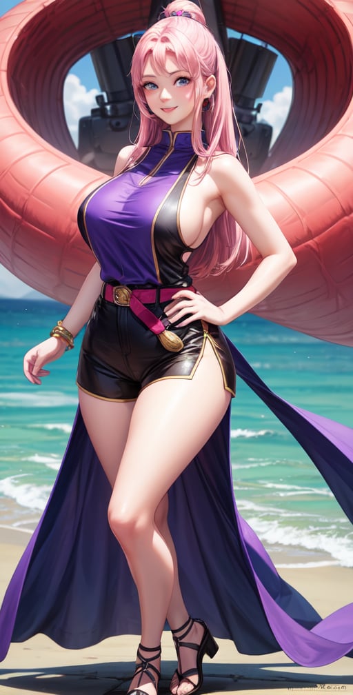 Realistic Naruto Sakura Female Character, Pink Hair, Stylized Uniform, (Masterpiece - 1.2), 1 Girl, (Highly Detailed Face), Smile, Long Brown Hair, (Highly Detailed Eyes), Glowing Eyes, Dark Skin, Huge Breasts, cut-out neckline, large thighs, perfect proportions, sleeveless purple dress slightly open at the hips, tight lead shorts, black belt over the dress, wide hips, legs apart, parted lips, blush, blue sky, shoes, (resolution highest extreme: 4k quality), ((high detailed background)),