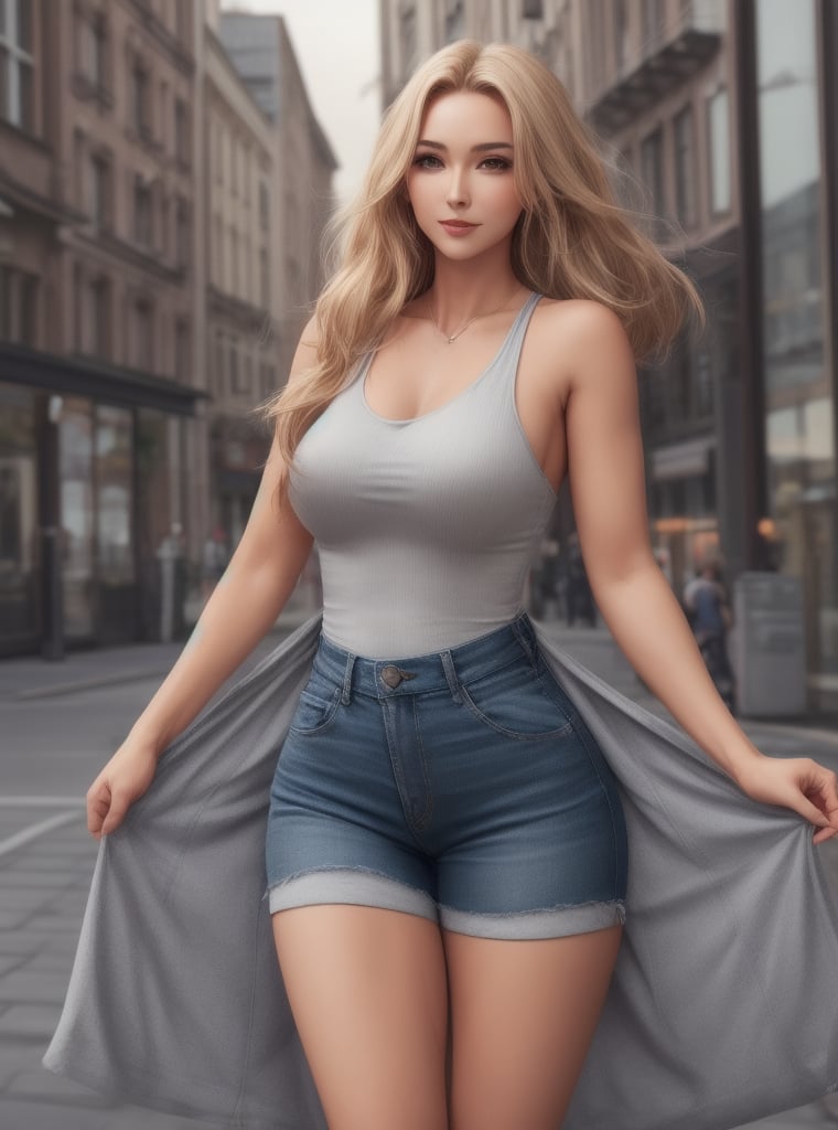 Russian woman, Ukrainian woman, dressed in tight clothing, leggings, neckline blouse, big butt, blonde, slender, blue eyes, large breasts, wide hips, small waist, muscular build, fitness, long hair, in the city, large breasts, wide hips, muscular build, fitness, long hair, without stretch marks, without wrinkles, made up, wide hips, with muscular volume, female harmonic musculature, big bust, huge bust, athletic, women's casual clothing, youth clothing, elegant, happy and flirty face, young woman, tender and flirtatious face, professional lighting, blurred background, in the city, masterpiece, photorealistic