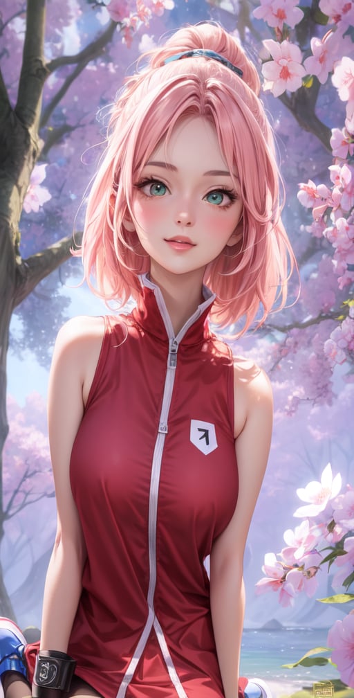 Female Character Sakura Hanuro from Realistic Naruto, Semi-Short Pink Hair, Stylized Uniform, (Masterpiece - 1.2), 1 Girl, (Highly Detailed Face), Smile, Long Brown Hair, (Highly Detailed Eyes), Bright Eyes, Green Eyes, dark skin, huge breasts, large thighs, perfect proportions, crimson red sleeveless blouse or shirt with the logo of the leaf village from the animated series Naruto, black gloves, short pink skirt half open at the sides, black stockings tight knee high, black open toe booties, wide hips, fitness woman, slender, legs apart, parted lips, blush, sky blue, footwear, (highest extreme resolution: 4k quality), ((high detailed background )),